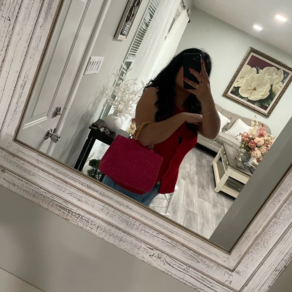 Vintage-Inspired Sonoma Pink Straw Bag | Bamboo Handles + Polka Dot Lining - Picture 4 of 4